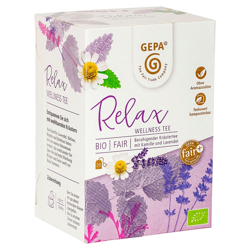 Gepa Bio Relax Wellness Tee Beruhigender Kräutertee mit Kamille und Lavendel 30g, 20 Beutel